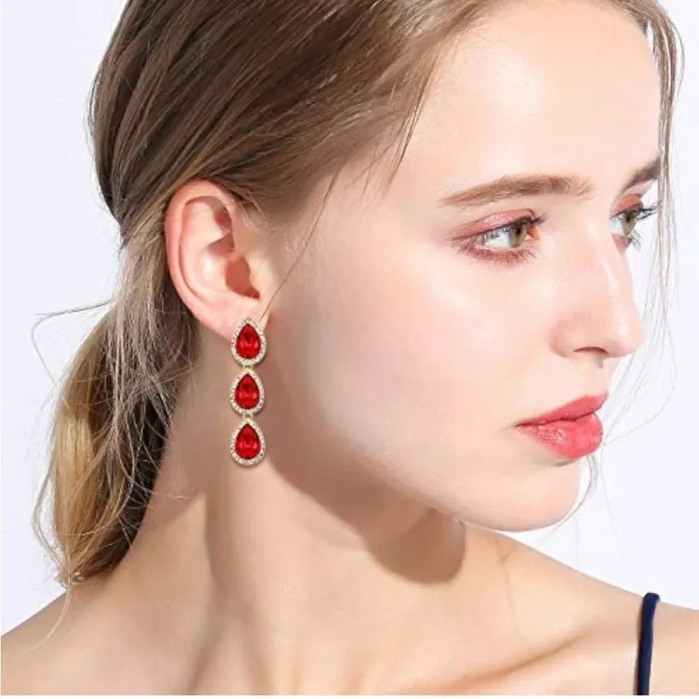 Yellow Gold with Ruby Red and White Diamond Austrian Crystal Clip On Earrings